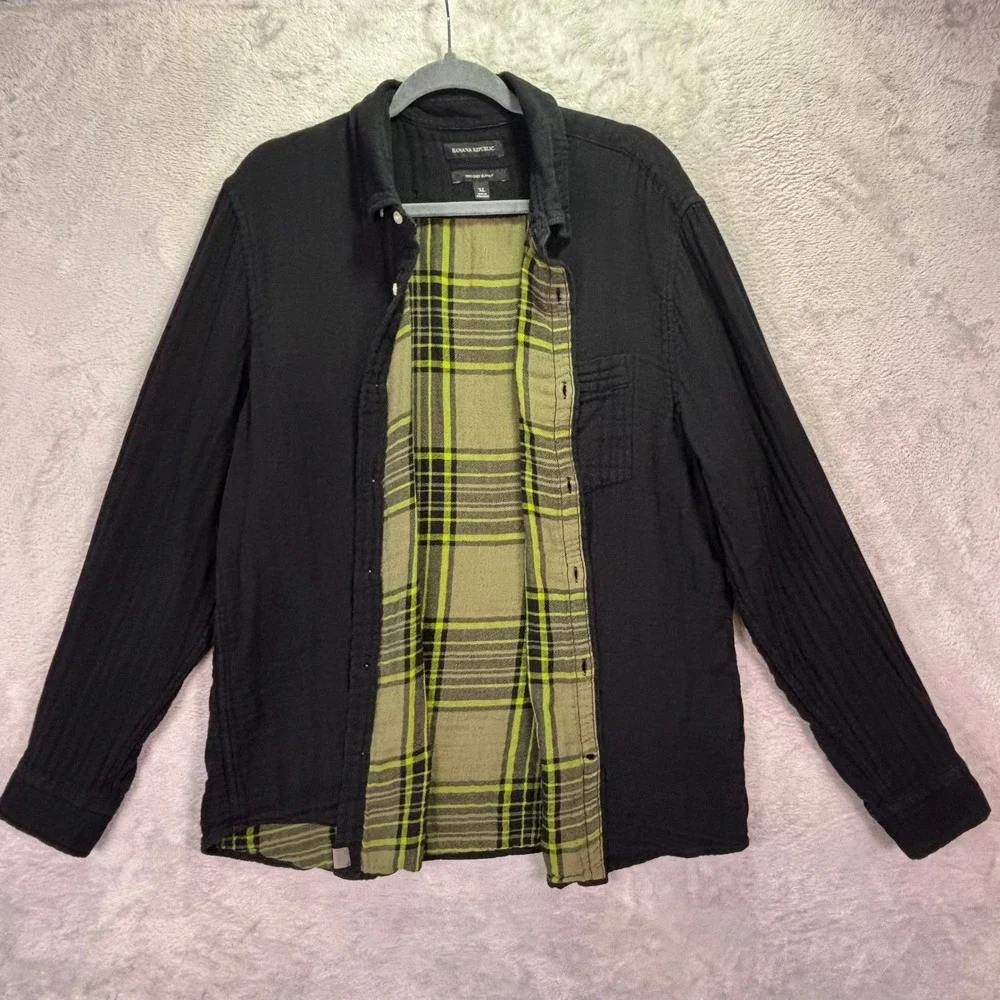 Banana Republic Mens Shirt XL Black Plaid Lining Untucked Slim Fit Long Sleeve